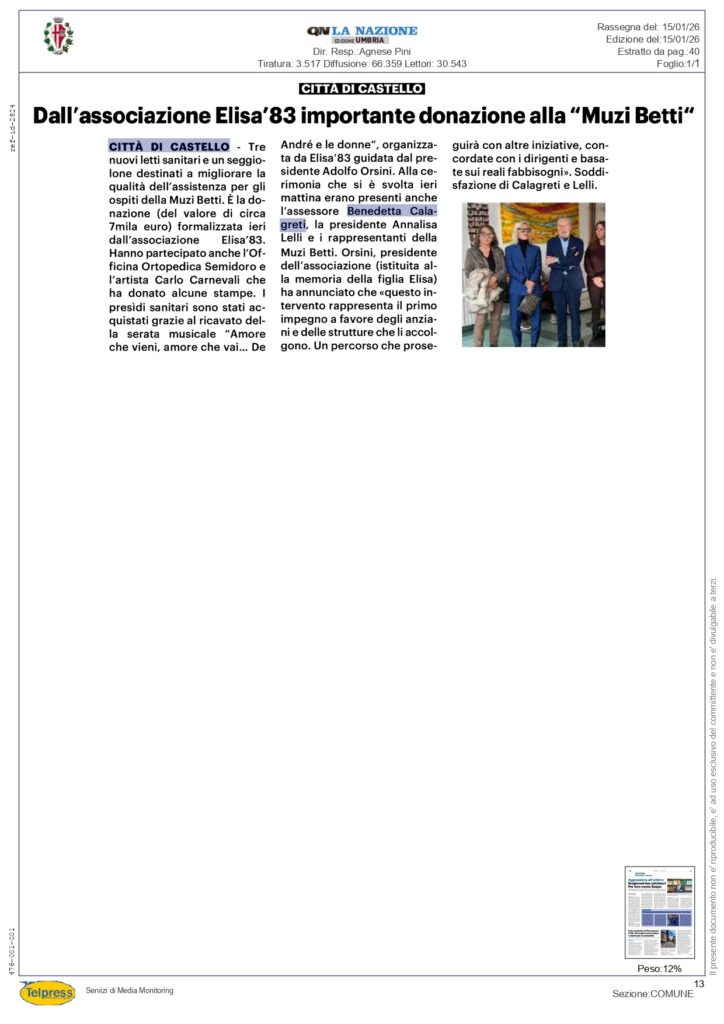 Associazione Elisa ’83, donazione alla Muzi Betti - 14 Gennaio 2026