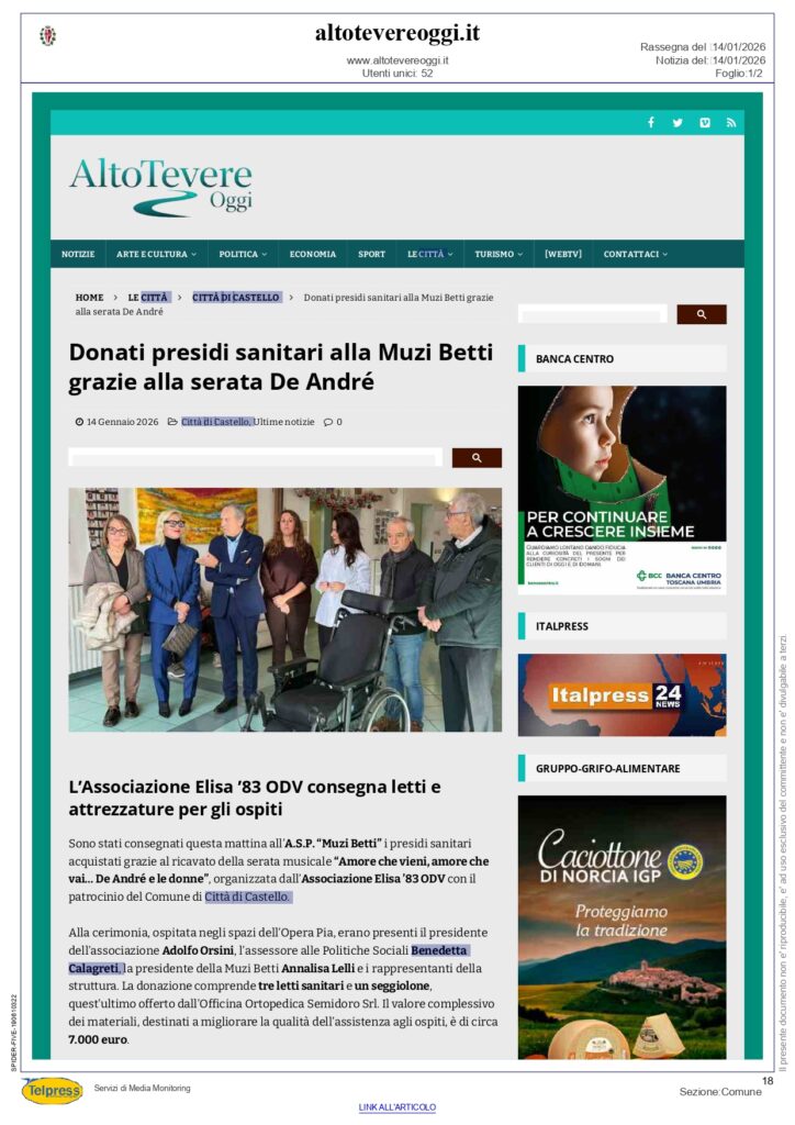 Associazione Elisa ’83, donazione alla Muzi Betti - 14 Gennaio 2026